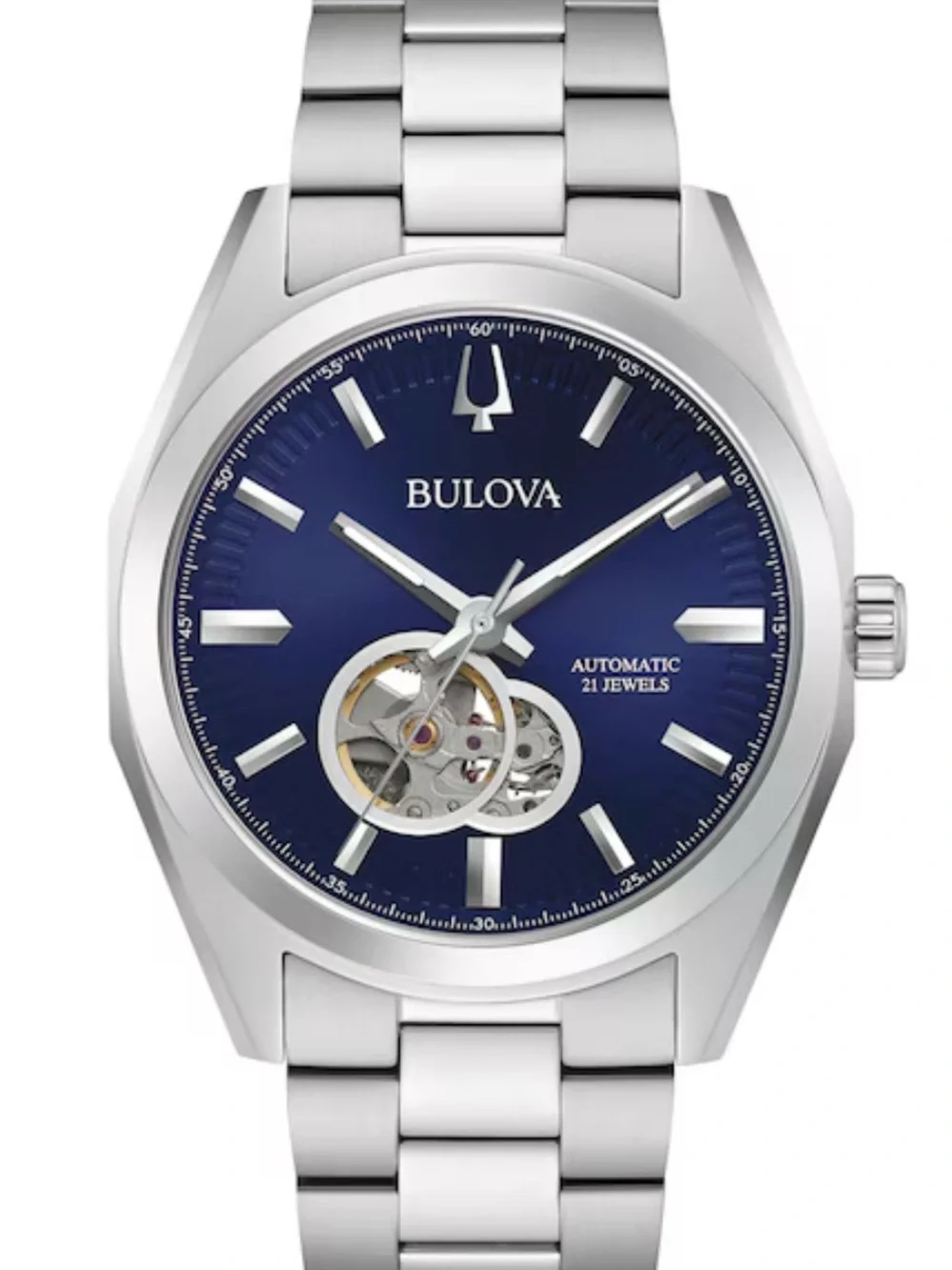 Bulova Silver Stainless Steel automatic men’s Watch with Blue Open-Heart Dial